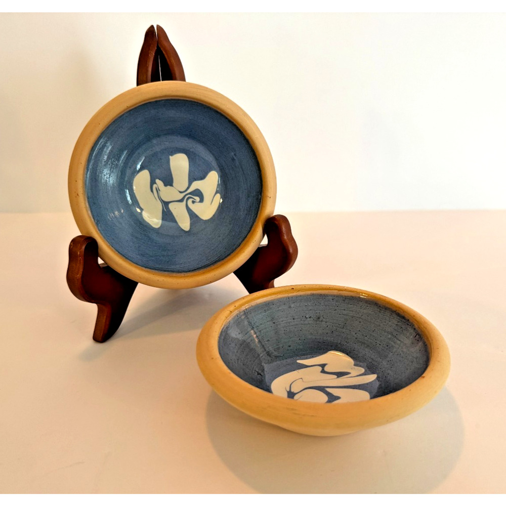 Vintage Danish Studio Pottery Bowls Pair Fuglede Denmark Blue Glaze MCM 4.25”